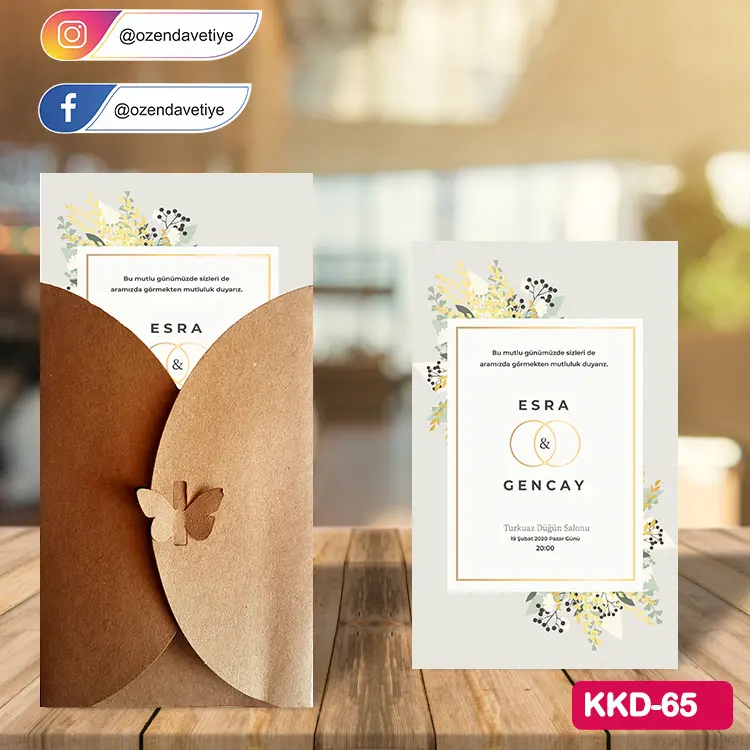 ozen-davetiye-Düğün Davetiyesi - Kelebekli Kraft Zarflı Davetiye Model No:65